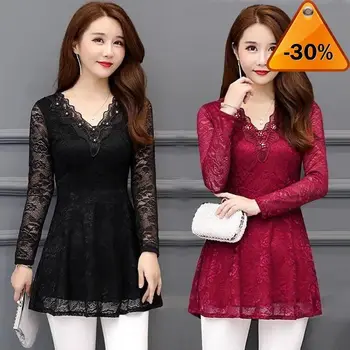 

New Arrival Fashion 2020 Spring Long Sleeve Women's Lace Blouses SHIRT Female Hollow Plus Size 5XL V-neck Solid Elegant