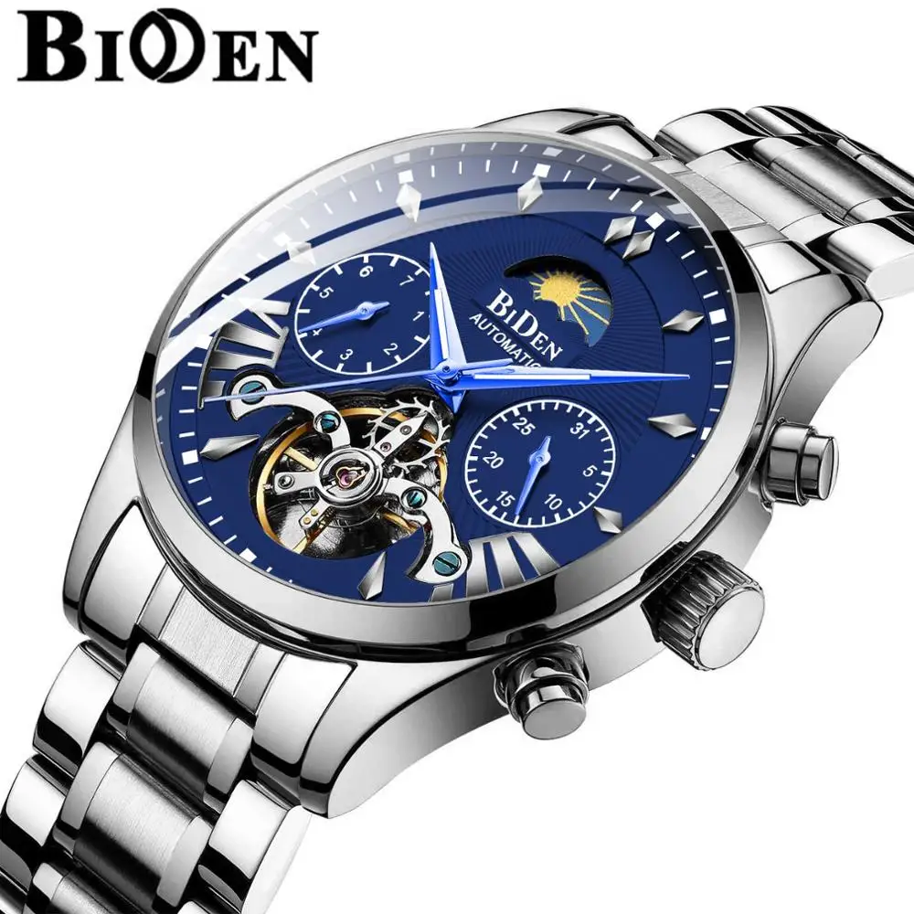 

BIDEN Automatic Mechanical Watch for Men Tourbillon Mens Watches Luxury Phase Business Full Steel Wristwatch Relojes Hombre