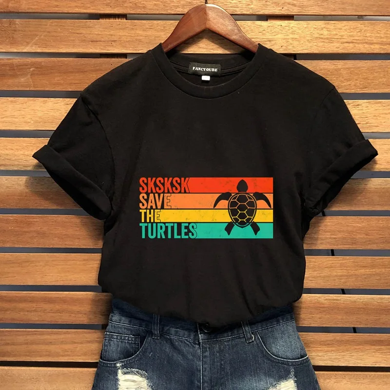 SKSKSK/футболка с надписью «Save The Turtles», Женская Винтажная футболка с коротким рукавом и круглым вырезом