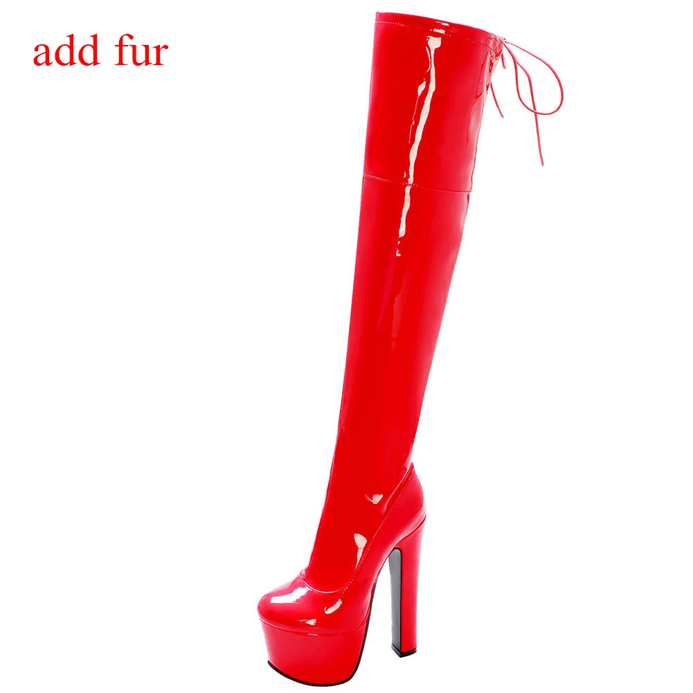 RIBETRINI Over The Knee Boots Women Vintage Square High Heels Round Toe Platform Shoes Woman Back Lace Up Patent Leather Boots - Цвет: red PU add fur