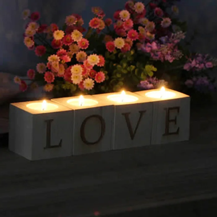 Economical 4pcs Romantic Gift Love Pattern Wedding Candlestick Pine Wood Bar Dining Room Home Decoration ds99