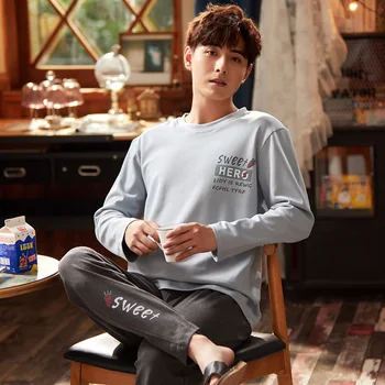 

Autumn Winter Long Men's Cotton Pajamas Letter Striped Sleepwear Cartoon Pajama Sets Casual Men Pyjamas Plus Size 3XL Pijama