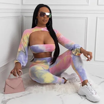 

BKLD Sexy Three Piece Set Women Long Sleeve Cover-up Crop Tops +Tube Tops+Pants Set 2020 Autumn Tracksuit Women Tie Dye Clothes