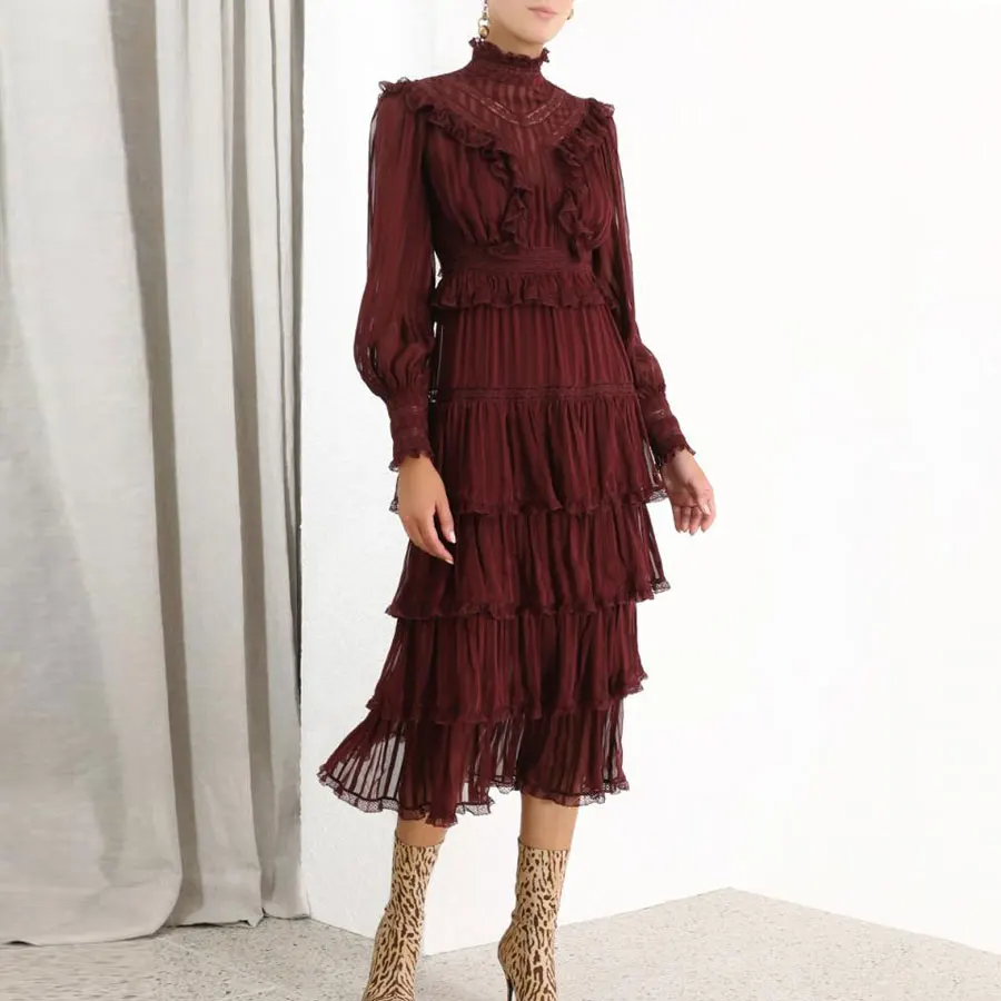 

Autumn 2019 Crop Women Turtleneck Claret Cascading Dress Draped Vintage Elegant Long Lantern Sleeve Slim Cut Party Dress Women