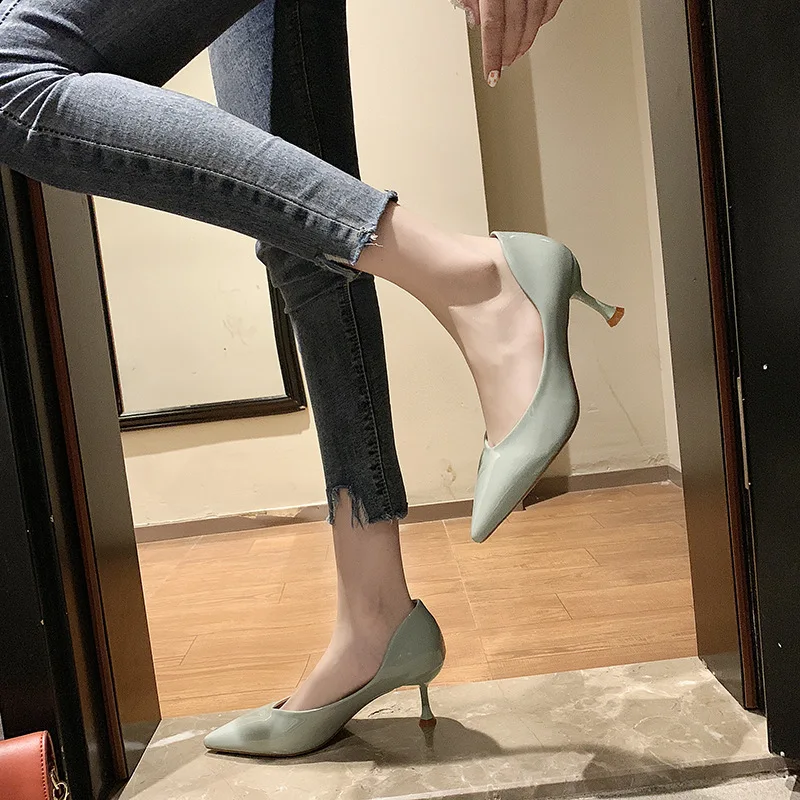

Spring New Style Pointed Patent Leather Waterproof Platform Thin Heeled Low-Cut High Heel Shoes WOMEN'S Shoes Korean-style Black