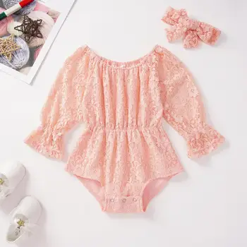 

2 Pcs/Set Fashion Baby Girls Bodysuits Solid Color Floral Lace Long Sleeve Romper + Headband Princess Clothing
