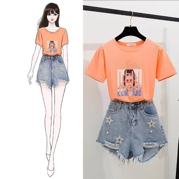 

2020 Summer Korea two piece set girl Slim Print T-Shirt and Bead Hole Jean Shorts set Casual Women Two Piece Female Sets