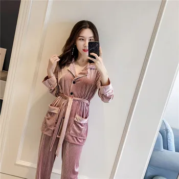 

Sleep Suit 2PCS Pajamas-set Lady Autumn Winter Warm Sleepwear With Belt&Buttons V-neck Women Velour Nightwear Home Clothing