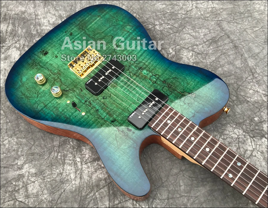 ACEPRO электрогитара с Spalted Maple top, Tesla Black VR-P90, Gold Grover tuners, Abalone dots inlays