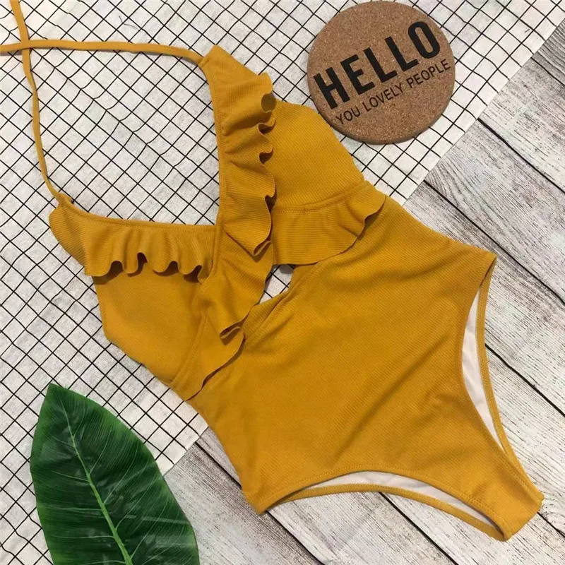 2021 Explosion Swimsuit Sexy Lady Flashing One Piece Skinny Bikini Yellow Onepiece Acetate Durable High Cut |