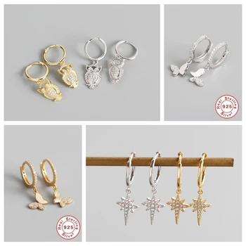 

CANNER 1Pair 925 Sterling Silver Round Pendientes Hoop Earrings for Women Cute Butterfly Owl Circle Earring Fine Jewelry Gift