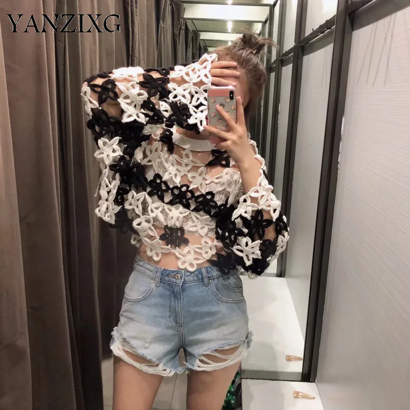 2019 весенне-осенний модный тренд, новый узор, черно-белые цветы, полый свитер с длинными рукавами и круглым вырезом S832