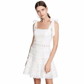 

Runway Dress Designers 2020 Women Sexy Spaghetti Strap White/Black Hollow Out Lace Mini Summer Dress