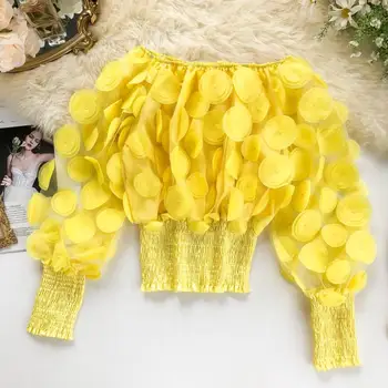

Romantic Blouses Shirt Women 2020 Flower Decoration Elegant Off Shoulder Top Transparent Ladies Puff Sleeve Crop Top Feminine