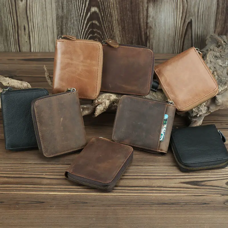 Short Organizer Wallet Man With Zipper Around Genuine Leather Male Coin Purse Crazy Horse Leather Card Holder For Boys Vintage Short Organizer Wallet Man With Zipper Around Genuine Leather Male Coin Purse Crazy Horse Leather Card Holder For Boys Vintage