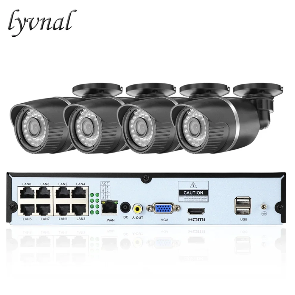 Черный LYVNAL h.265 8CH 5MP POE NVR комплект 4CH 720P камера безопасности POE IR Открытый 1,0 MP POE ip-камера P2P видео 4CH набор для наблюдения - Цвет: Черный