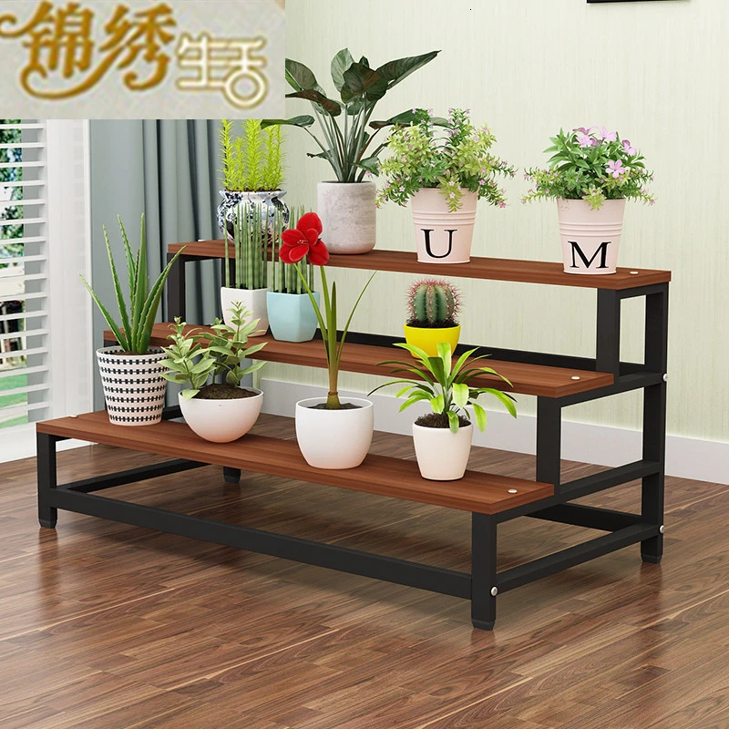 Flower Rack Iron Art Indoor Multi-storey Stairs Type Ladder Shelf To Ground Balcony Green Radish Meat Solid Wood Flowerpot