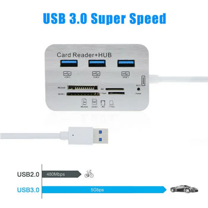 Горячая алюминиевый 3 порта USB 3,0 концентратор с MS SD M2 TF кард-ридер портативный для ноутбука BUS66