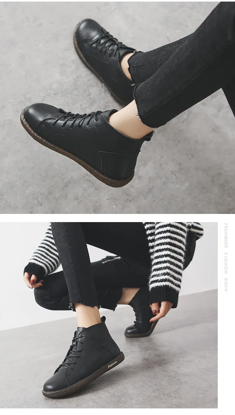 PEIPAH Women's Genuine Leather Shoes Woman Winter Boots Female Rubber Ankle Boots Flat With Fur Lace-Up Shoes Botines Mujer