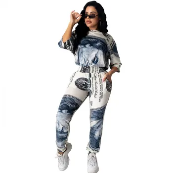 

Summer Autumn Women US Dollar Print Two Pieces Sets Tracksuits Tee Tops Joggers Sweatpants Leggings Suit Fitness 2 Pcs Outfit