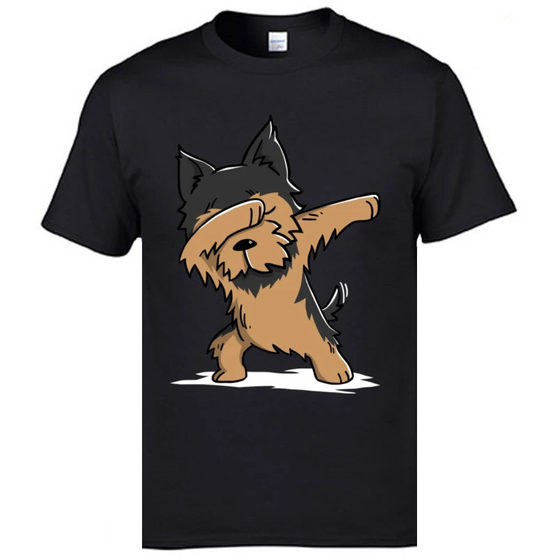 Funny_Yorkshire_Terrier_Dabbing_2296 Round Neck T-Shirt Mother Day Hip hop T Shirt Short Sleeve Funky 100% Cotton T-shirts Men's Funny_Yorkshire_Terrier_Dabbing_2296 black