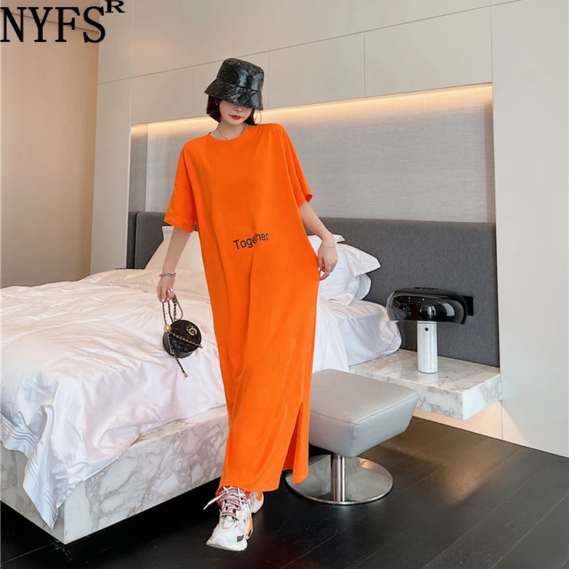 

NYFS 2023 Summer New Korea Loose Print Short Sleeve Woman Dress Vestido De Mujer Robe Elbise Street Style Slit Long Dresses