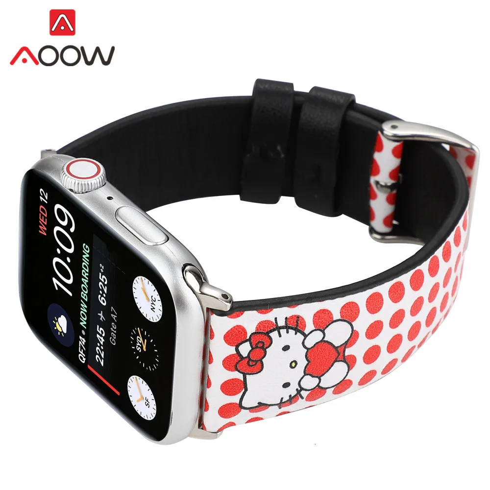 Мультфильм кожаный ремешок для наручных часов Apple Watch 38 мм, 42 мм, 40 мм 44 Микки рисунок «Hello Kitty», сменный ремешок для наручных часов, ремешок