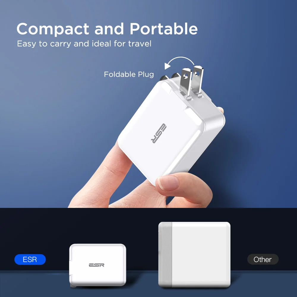 ESR USB C зарядное устройство 18 Вт, зарядное устройство со складной вилкой типа C PD зарядное устройство для iPhone XS/XR/XS Max iPad Pro samsung