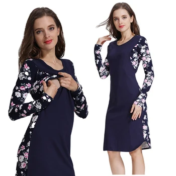 Autumn Maternity Dress Long Sleeve Stretch Cotton Breastfeeding Nursing Dress for Postpartum Women Print Lactation Dress