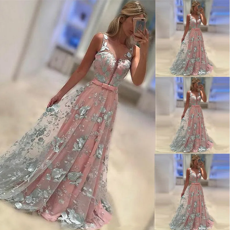 

2019 New Women Bridesmaid Formal Long Dress Prom Party Sleeveless Mesh Sheer Sexy High Waist V Neck Maxi Dress Pink