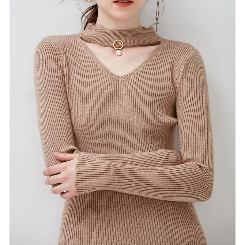 Женский Повседневный облегающий свитер с высоким воротником и длинным рукавом