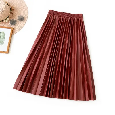 Wine red Юбки Женские новые осенние зимние модные трапециевидные плиссированные юбки элегантные ПУ кожаный зонтик миди юбки Jupe Femme - Цвет: Wine red