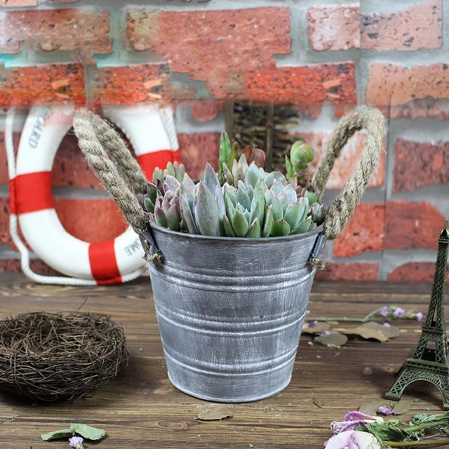 Kis Fém Vödrök Ültetvények Virág Dekoratív Vázák Kötélfogantyúkkal - Image 3
