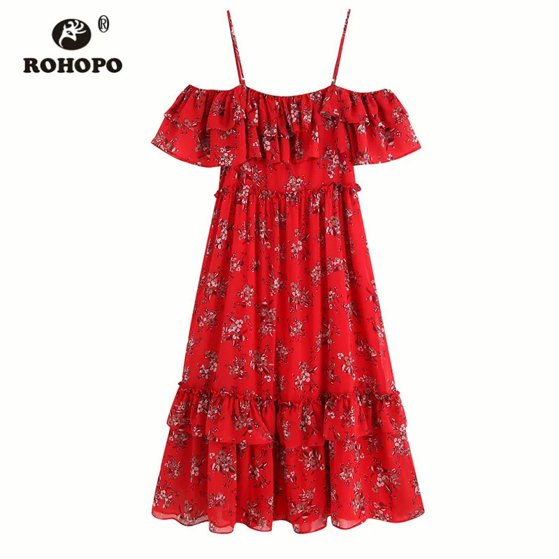 ROHOPO, Двухслойное, с открытыми плечами, женское, Осеннее, красное, Chiifon Cakee платье, цветочные оборки, топ, отделка, миди платья#9525