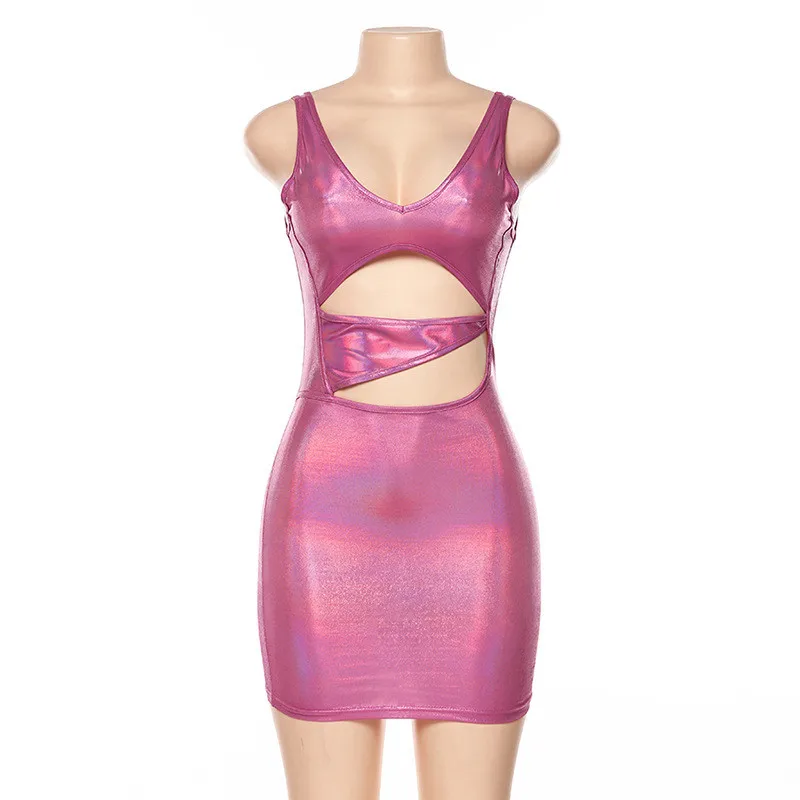 Hugcitar sleeveless hollouw out sexy bodycon mini dress autumn winter women streewear club outfits Christmas wear - Цвет: Rose Red