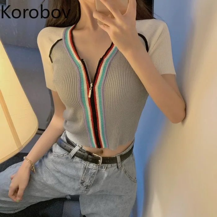 

Korobov Korean Sweet Striped Knit Short Sleeve Sweater Autumn New V Neck Zipper High Street Crop Cardigans Sueter Mujer 78836