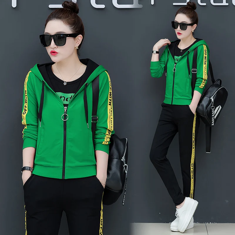 Fashion Student Running Sweater Plus Size Three Piece Suit Autumn New Loose Korean Sports Sets Women Green Orange Red Black |