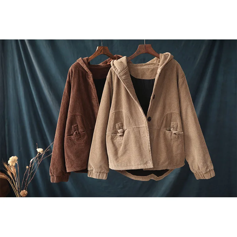 

Literature And Art Retro Loose And Plus-sized Slimming Frog Corduroy Short Coat Women's Hooded Thick 2019 New