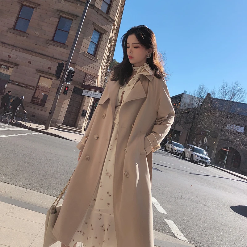 Koop Mishow Vrouwen 2019 Herfst Licht Kaki Jas Pak Kraag Double Breasted Mid Lange Bovenkleding Vrouwelijke Herfst Trenchcoat MX19C7339