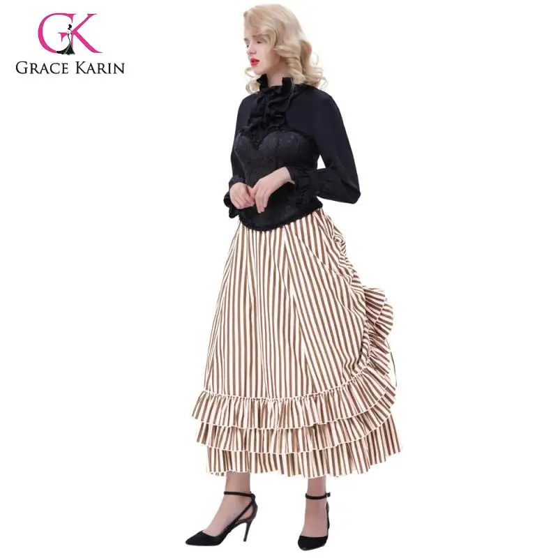 Grace Karin, Женская Повседневная винтажная готическая юбка, полосатые длинные юбки, женские юбки с оборками, трапециевидная юбка средней длины, юбка до щиколотки
