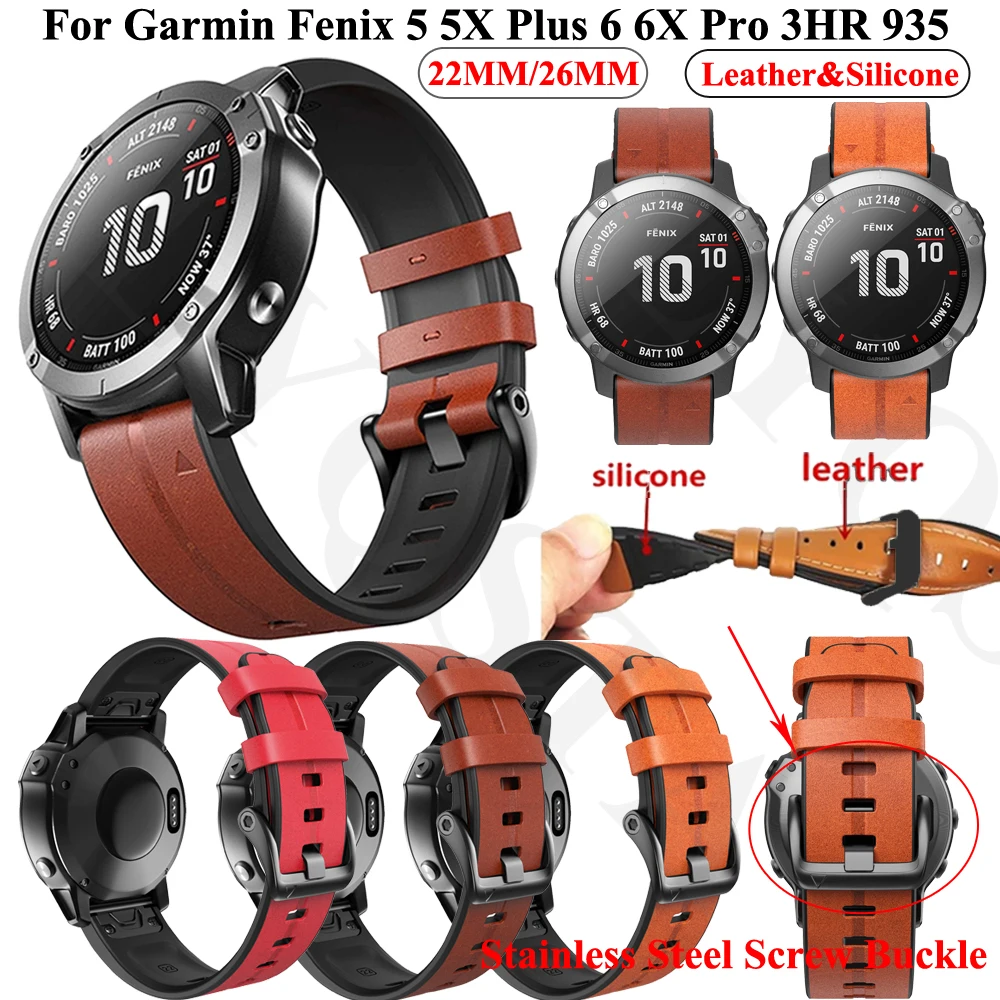 26 22mm Sport Leather Silicone Watchband Strap For Garmin Fenix 6X 6 Pro 5X 5 Plus 3HR Easy Fit Quick Release Wristband Bracelet | Наручные