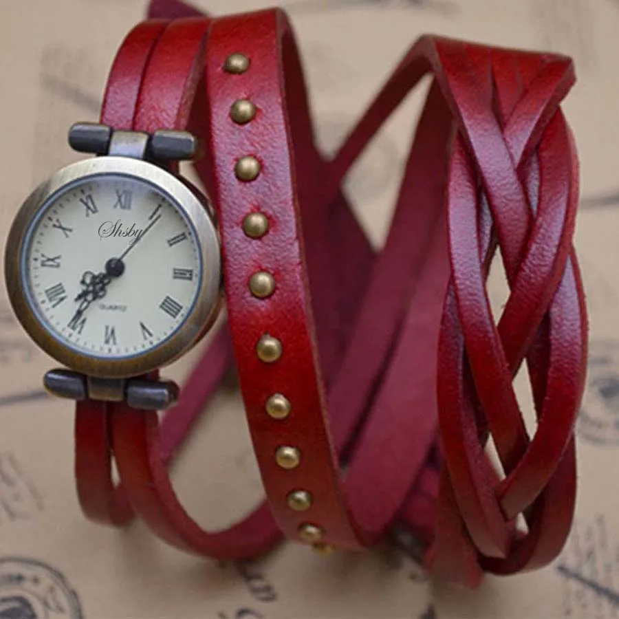 Braid Watch Vintage-Cowhide Women Spirally-Wound-Watchband Roman Shsby Strap Weave Numerals