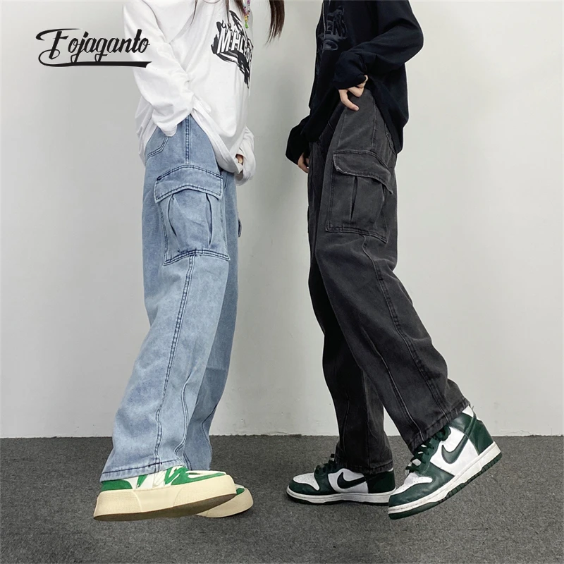 FOJAGANTO Men Jean Pants Japanese Retro Washed Straight Wide-Leg Jeans Loose Big Pocket Couple Hip Hop Street Denim Pants Male