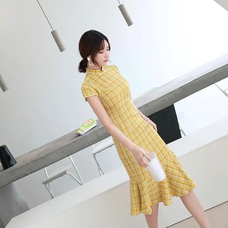 new Sweet Women Fishtail Cheongsamshort Sleeve Stand Collar Dresses Solid Color Split Literature And Art Small And Fres Dress - Цвет: Цвет: желтый