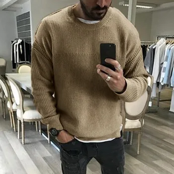 

Puimentiua 2020 Mens Autumn and Winter Slim Long Sleeved Round Neck Pullover Sweater Male Solid Loose Sweater Casual Tops