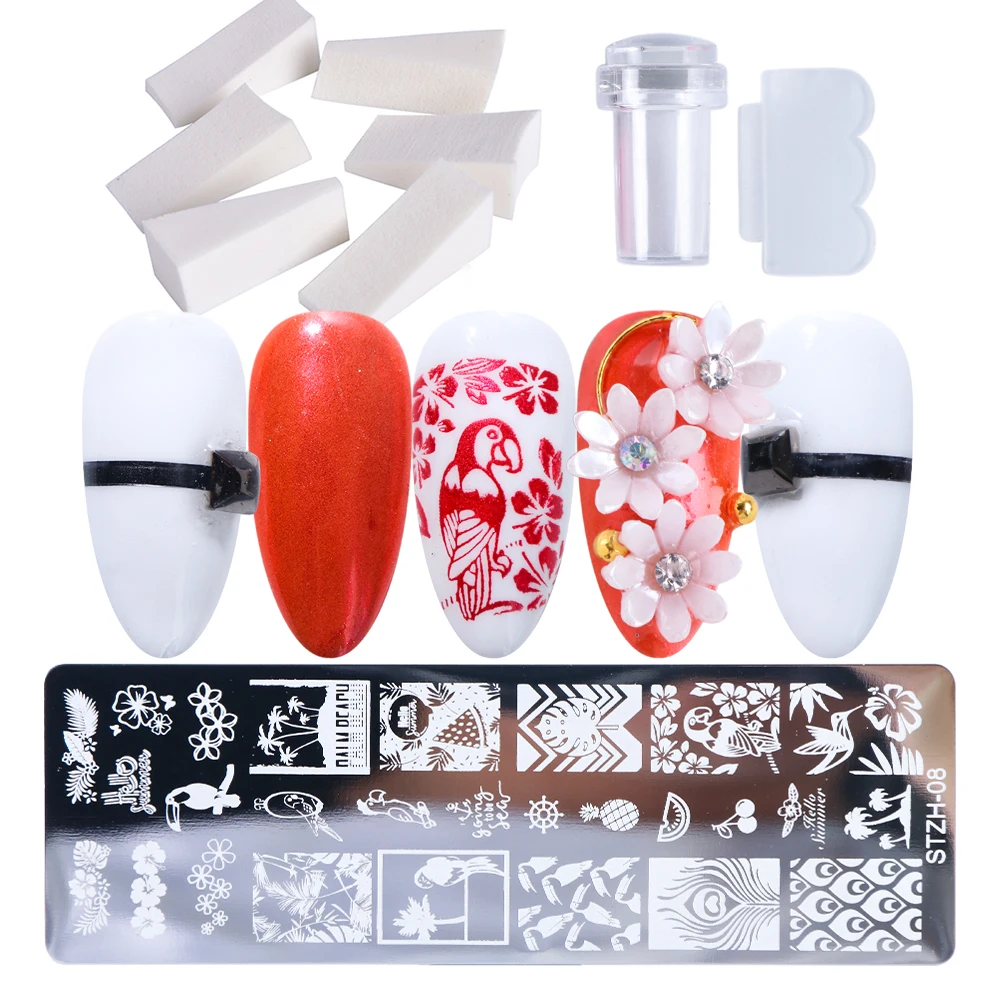 STZH-08 Set 1 Набор для штамповки ногтей пластины кружева животные цветок DIY Дизайн ногтей шаблоны с штампом скребок губка Маникюрный Инструмент SASTZH01-12-2 - Цвет: STZH-08 Set