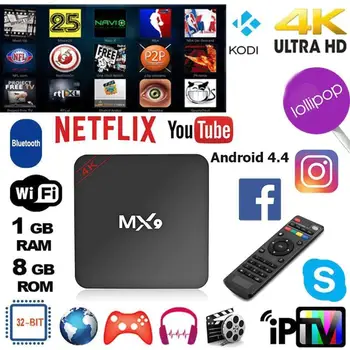 

Set Top Box MX9 4K Quad Core 1GB RAM 8GB ROM Android 4.4 TV BOX 2.0 HD HDMI SD Slot 2.4GHz WiFi Set Top Box Media Player