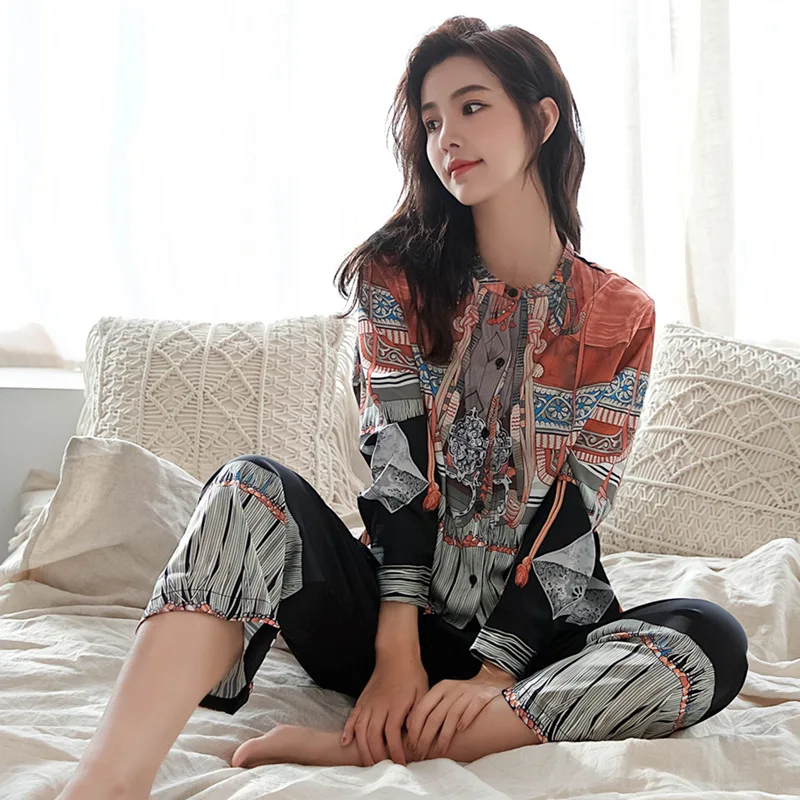 

Spring And Summer New Pajamas Women Ice Silk Two-Piece Suit Thin Long-Sleeved Printed Home Service