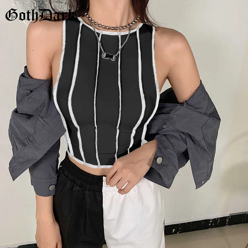 

Goth Dark Punk Style Black Or White Tank Tops Gothic Patchwork Sleeveless Bodycon Women Crop Top Knitted Fashion Streetwear 2020