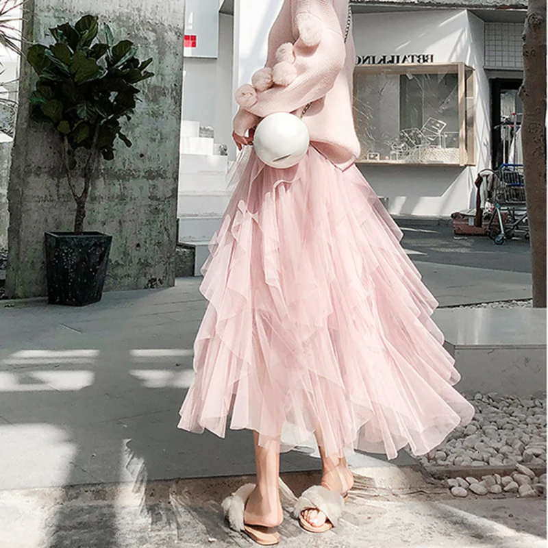 2019 Spring Summer Mesh Long Skirt Women Students Girt Party Vintage Streetwear Cute Loose Korean Style Free Size Skirts |